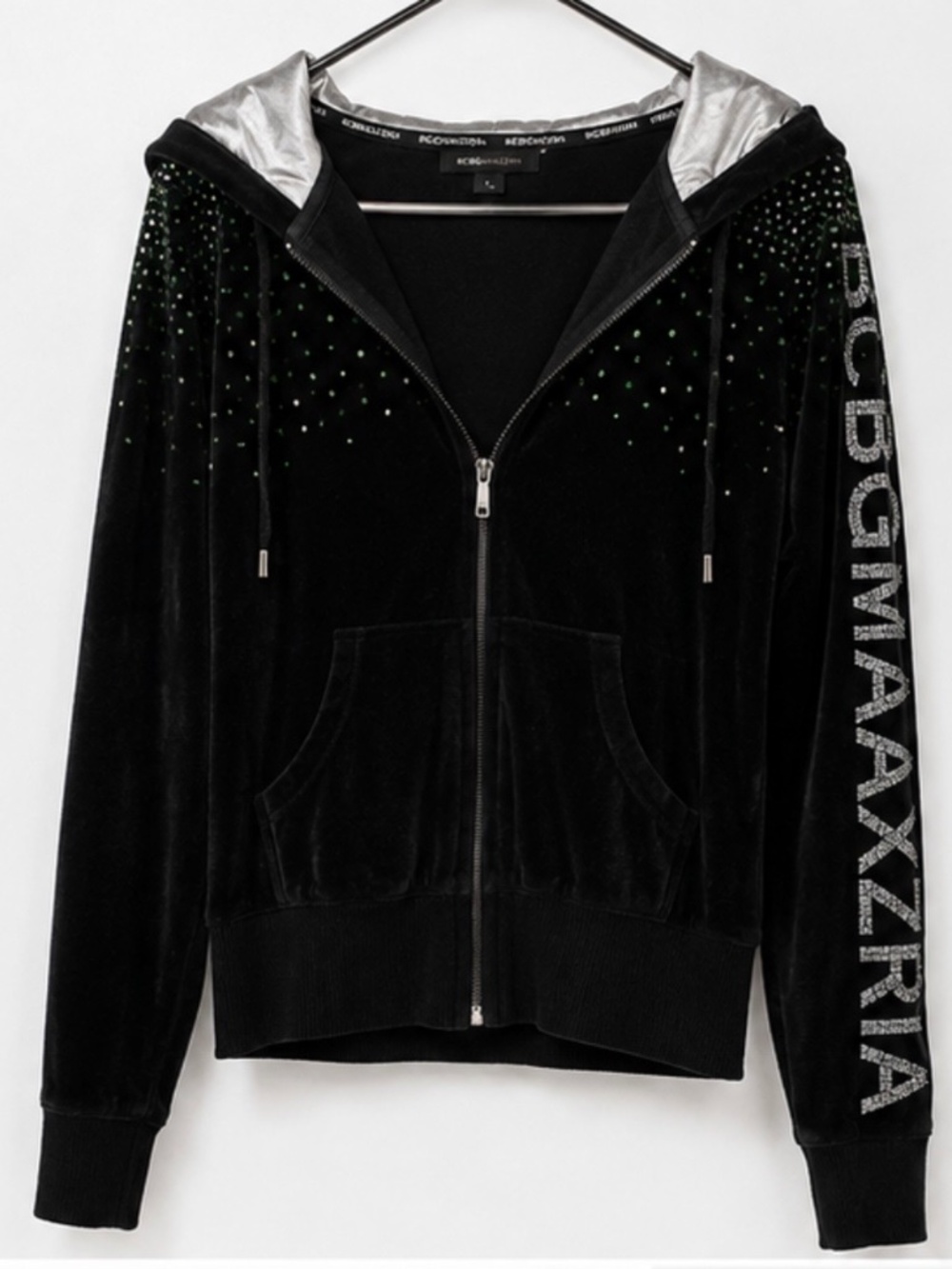 BCBGMAXAZRIA Black Velour Rhinestone Zip Hoodie Y2K Size L